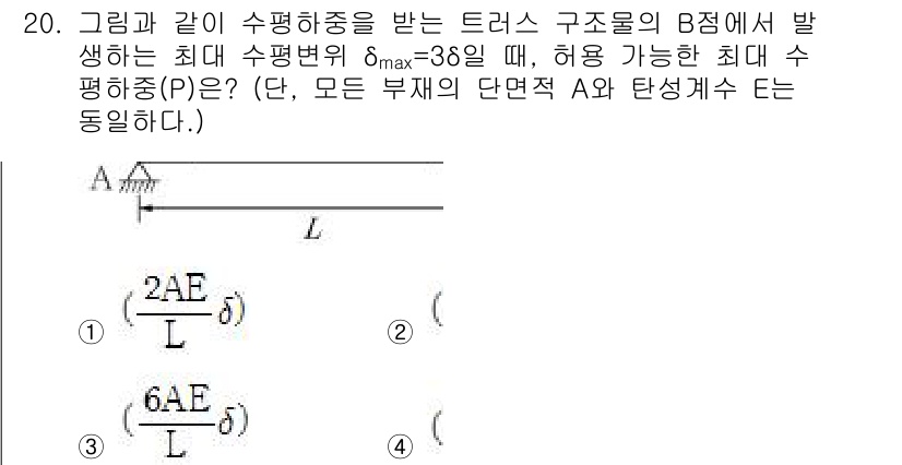 9급_지방직_공무원_서울시_응용역학개론 2019년 20번 - 정답 3번의 이유는, 최대 수평 변형률 Δmax 및 부재의 단면적 A와 ... 에 관한 핵심 기출문제