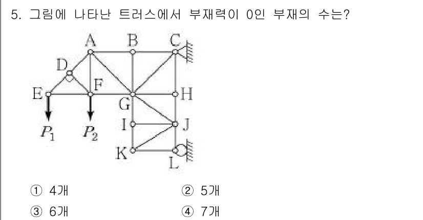 9급_지방직_공무원_서울시_응용역학개론 2019년 5번 - 주어진 트러스에서 부재의 수를 확인하기 위해, 각 부재가 연결된 노드의 ... 에 관한 핵심 기출문제