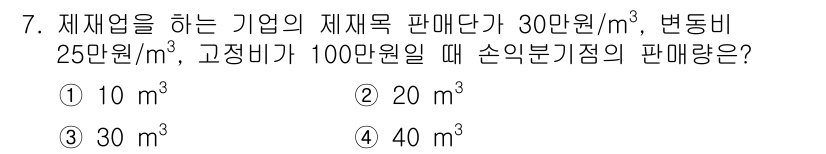 9급_지방직_공무원_서울시_임업경영 2018년 7번 - 손익분기점의 판매량을 계산하기 위해서는 고정비와 변동비를 고려해야 합니다... 에 관한 핵심 기출문제