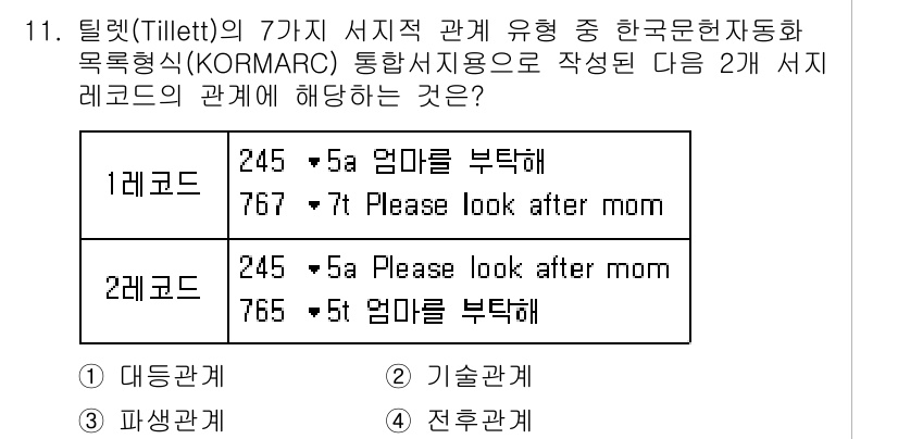 9급_지방직_공무원_서울시_자료조직개론 2015년 11번 - 서지 코드에서 "대본관계"는 245 필드에 해당하는 주제와 767 필드의... 에 관한 핵심 기출문제