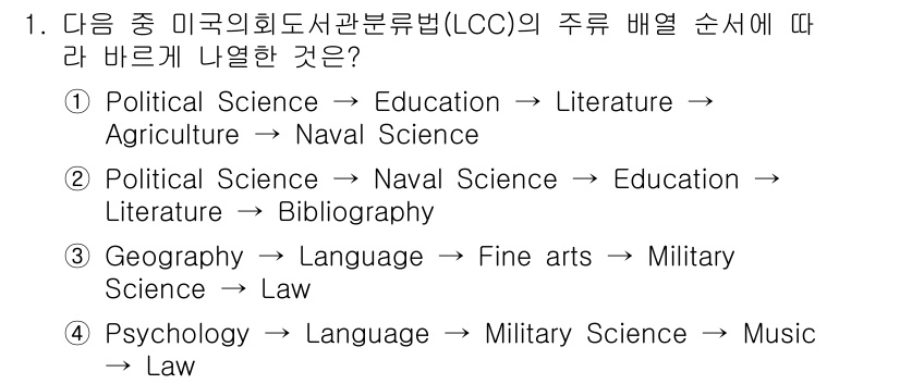 9급_지방직_공무원_서울시_자료조직개론 2016년 1번 - 미국 의회 도서관 분류법(LCC)은 주제의 계층적 배치를 기반으로 하며,... 에 관한 핵심 기출문제