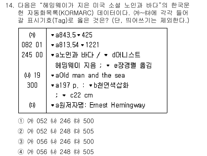 9급_지방직_공무원_서울시_자료조직개론 2016년 14번 - 정답 3은 "인간과 바다"로, 이는 해밍웨이의 소설 제목이다. KORMA... 에 관한 핵심 기출문제