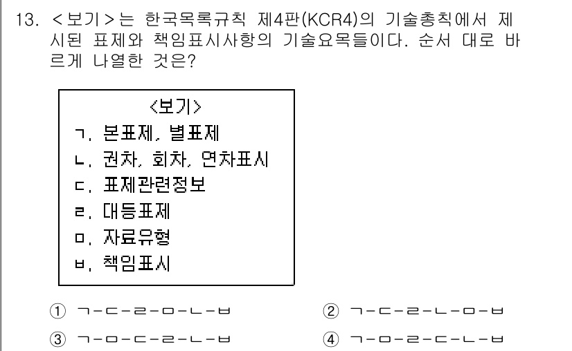 9급_지방직_공무원_서울시_자료조직개론 2019년 13번 - 정답은 4번, "책임목록"이다. 한국목록규칙 제4판에서 책임목록은 정보의... 에 관한 핵심 기출문제