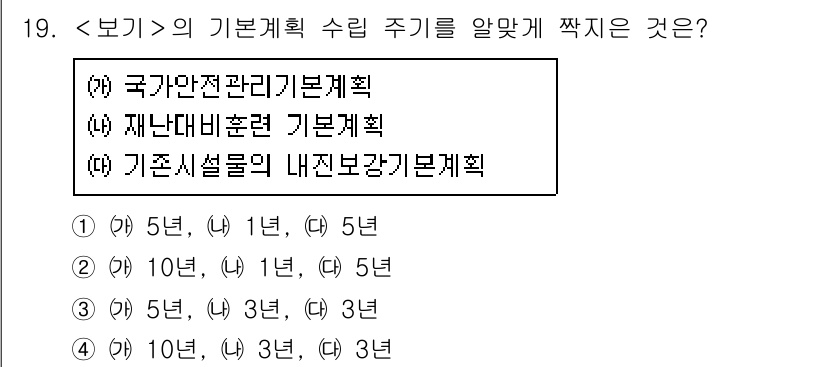 9급_지방직_공무원_서울시_재난관리론 2018년 19번 - 정답: (가) 5년

이유: 국가안전관리기본계획은 재난 및 안전 관련 업... 에 관한 핵심 기출문제