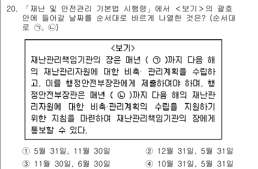 9급_지방직_공무원_서울시_재난관리론 2019년 20번 - 재난관리기본법 제36조에 따르면 재난관리책임기관의 장은 재난관리계획에 따... 에 관한 핵심 기출문제