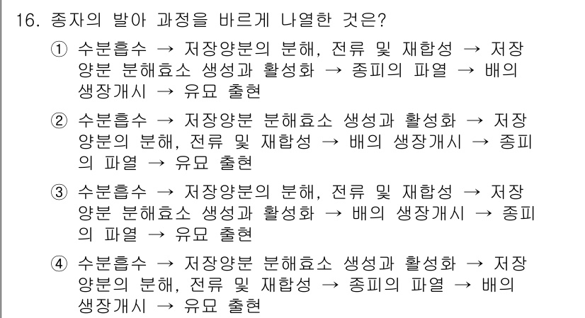 9급_지방직_공무원_서울시_재배학개론 2015년 16번 - 정답 2번은 저장 양분 효율의 분석과 재활성화를 통해 중기의 파열 및 배... 에 관한 핵심 기출문제