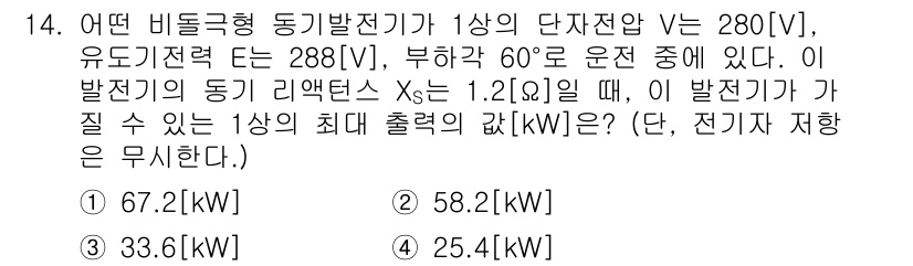 9급_지방직_공무원_서울시_전기기기 2019년 14번 - 주어진 상황에서 비틀그형 동기발전기의 단자전압 \( V = 280[V] ... 에 관한 핵심 기출문제