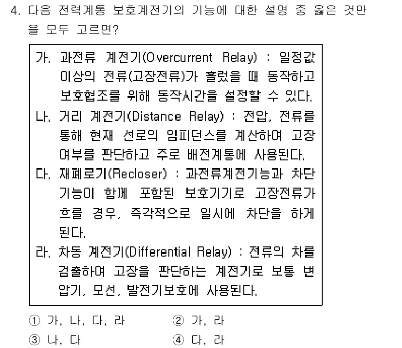 9급_지방직_공무원_서울시_전기이론 2016년 4번 - 거리 제어기(Distance Relay)는 측정된 전류와 전압을 사용하여... 에 관한 핵심 기출문제