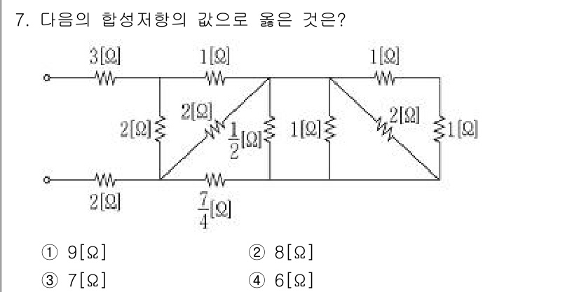 9급_지방직_공무원_서울시_전기이론 2016년 7번 - 주어진 회로에서 저항들을 병렬 및 직렬로 조합하여 합성 저항을 계산해야 ... 에 관한 핵심 기출문제