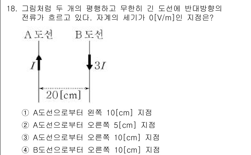 9급_지방직_공무원_서울시_전기이론 2017년 18번 - 문제에서 두 도선이 평행하게 배치되어 있고, 전류의 방향에 따른 전기장 ... 에 관한 핵심 기출문제