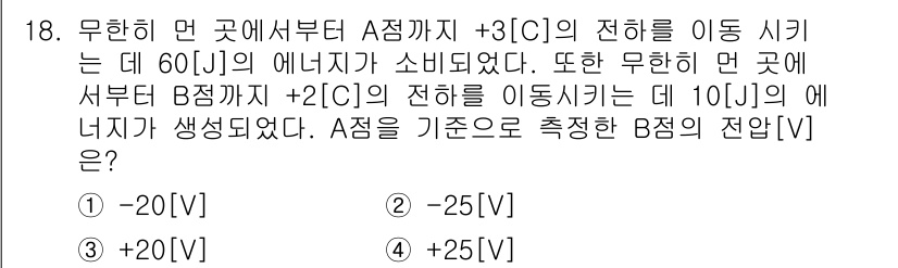 9급_지방직_공무원_서울시_전기이론 2019년 18번 - A점에서 B점까지의 전하 이동에 필요한 에너지가 주어졌으므로, 전기적 에... 에 관한 핵심 기출문제