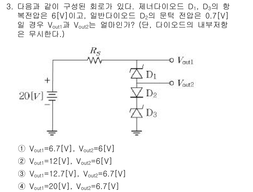 9급_지방직_공무원_서울시_전자공학개론 2015년 3번 - 이 회로에서 D1과 D3은 정방향 바이어스 상태이며 D2는 차지 전압에 ... 에 관한 핵심 기출문제