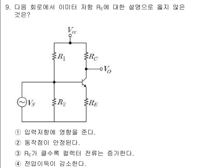 9급_지방직_공무원_서울시_전자공학개론 2015년 9번 - Re는 전류를 피드백하여 안정성을 증가시키며, 이를 통해 동작점의 변동을... 에 관한 핵심 기출문제