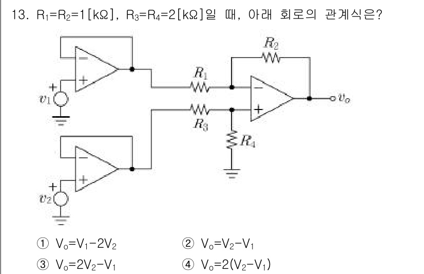 9급_지방직_공무원_서울시_전자공학개론 2016년 13번 - 주어진 회로는 비례 증폭기 형태를 이루고 있으며, 두 개의 입력 전압 \... 에 관한 핵심 기출문제