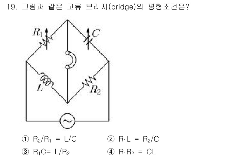 9급_지방직_공무원_서울시_전자공학개론 2016년 19번 - 브리지 회로에서 평형 조건은 두 개의 대칭 저항비와 리액턴스 비가 같아져... 에 관한 핵심 기출문제
