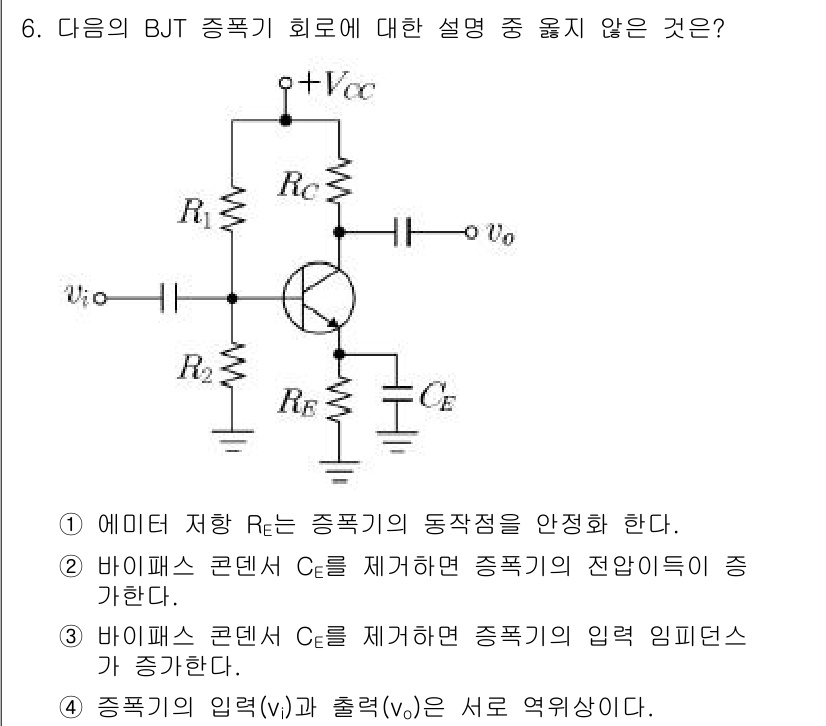 9급_지방직_공무원_서울시_전자공학개론 2016년 6번 - 바이어스 콘덴서 Cₑ는 직류 성분을 차단하고 교류 신호만을 통과시키기 때... 에 관한 핵심 기출문제