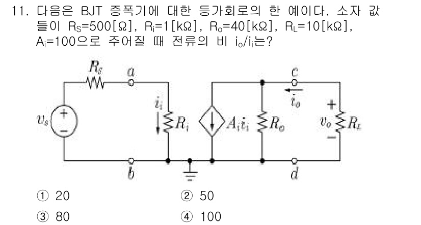 9급_지방직_공무원_서울시_전자공학개론 2017년 11번 - 주어진 회로에서 BJT의 증폭비를 계산할 때, 입력 임피던스와 출력 임피... 에 관한 핵심 기출문제