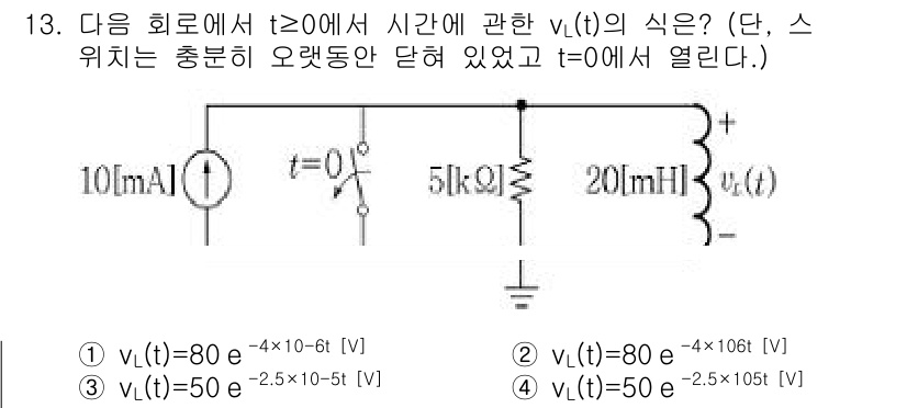 9급_지방직_공무원_서울시_전자공학개론 2017년 13번 - 주어진 회로에서 전류원과 저항, 축전기가 포함되어 있습니다. 시점 t=0... 에 관한 핵심 기출문제