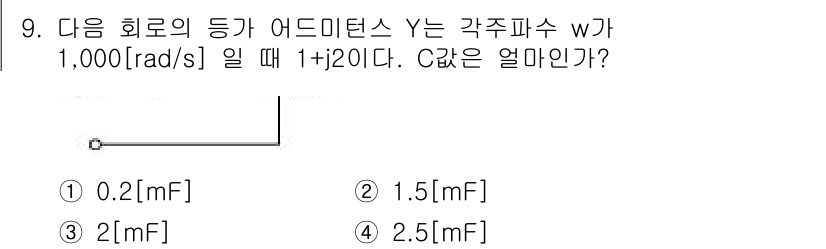 9급_지방직_공무원_서울시_전자공학개론 2017년 9번 - 정답은 4. C 값은 전달함수와 연결관계에 의해 결정된다. 주어진 어드미... 에 관한 핵심 기출문제
