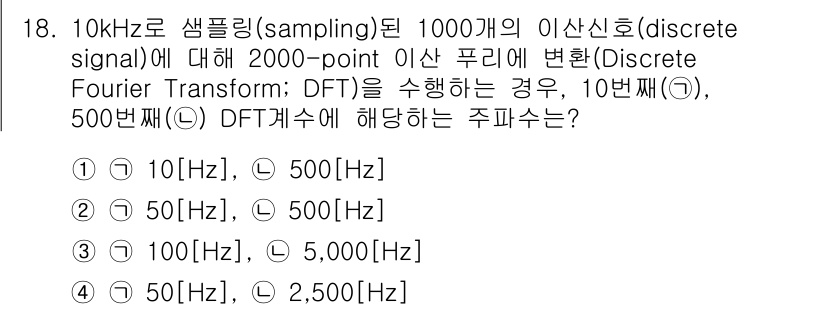 9급_지방직_공무원_서울시_전자공학개론 2018년 18번 - 주어진 10kHz 샘플링 주파수에서 이산 푸리에 변환(DFT)을 수행할 ... 에 관한 핵심 기출문제