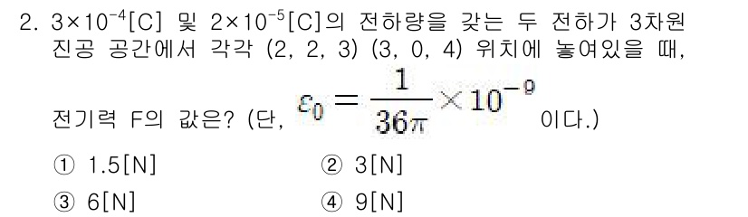 9급_지방직_공무원_서울시_전자공학개론 2018년 2번 - 두 전하의 위치는 각각 (2, 2, 3)과 (3, 0, 4)입니다. 두 ... 에 관한 핵심 기출문제