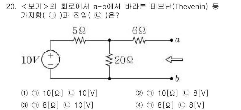 9급_지방직_공무원_서울시_전자공학개론 2018년 20번 - 테브닌 정리를 이용해 a-b 단자에서의 등가 회로를 구하기 위해, 주어진... 에 관한 핵심 기출문제