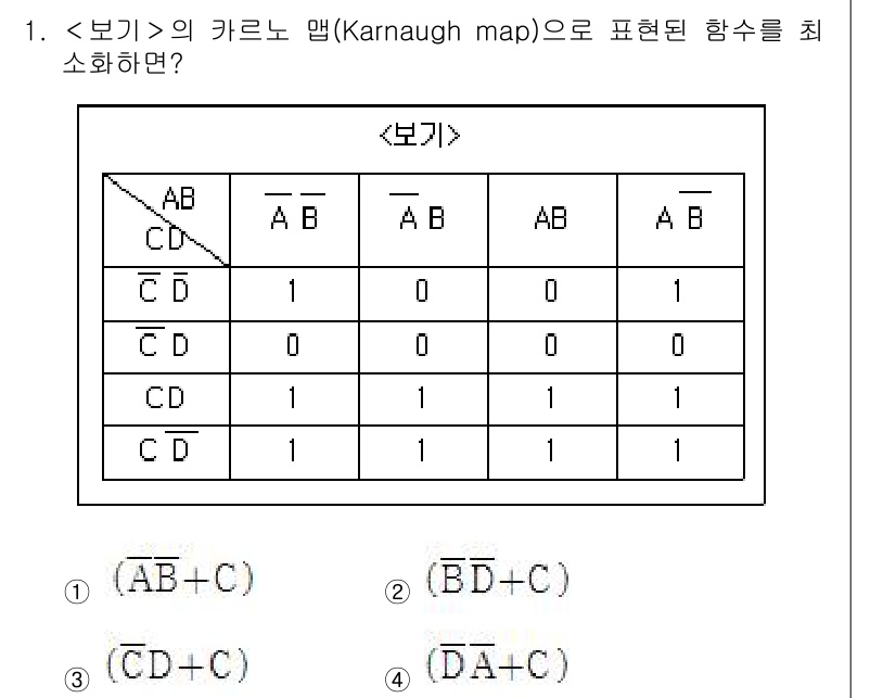 9급_지방직_공무원_서울시_전자공학개론 2019년 1번 - Karnaugh map에서 1의 위치를 관찰하여 최소화된 논리식을 도출하... 에 관한 핵심 기출문제