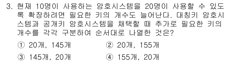 9급_지방직_공무원_서울시_정보보호론 2015년 3번 - 대칭키 암호 시스템의 키 개수는 사용자의 수에 비례하여 증가한다. 각 사... 에 관한 핵심 기출문제