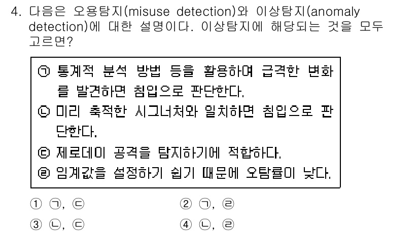 9급_지방직_공무원_서울시_정보보호론 2015년 4번 - 이상탐지(anomaly detection)는 정상적인 패턴에서 벗어난 행... 에 관한 핵심 기출문제
