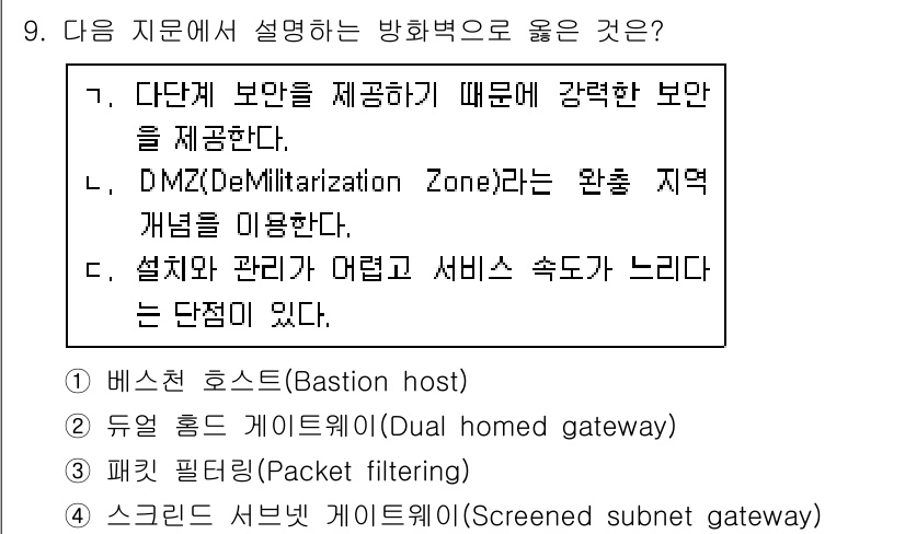 9급_지방직_공무원_서울시_정보보호론 2017년 9번 - 4. 스크린드 서브넷 게이트웨이(Screended subnet gatew... 에 관한 핵심 기출문제