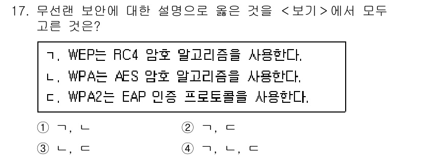 9급_지방직_공무원_서울시_정보보호론 2018년 17번 - WEP는 RC4 암호 알고리즘을 사용하고, WPA는 AES 암호 알고리즘... 에 관한 핵심 기출문제