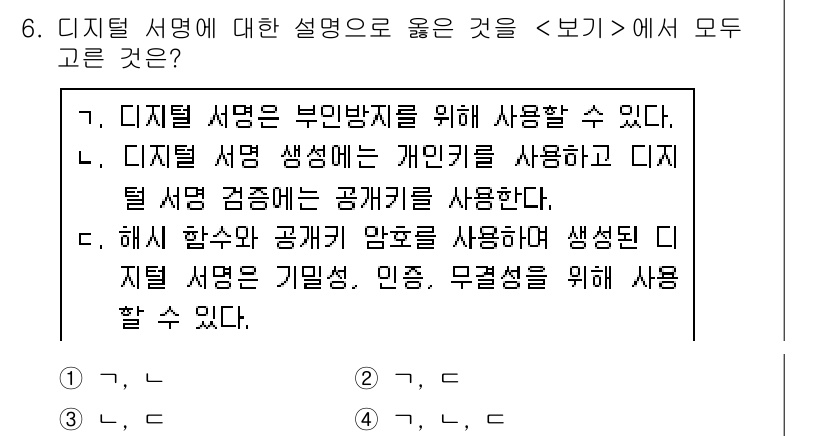 9급_지방직_공무원_서울시_정보보호론 2018년 6번 - 디지털 서명은 데이터를 보호하기 위해 사용되며, 개인 식별 및 무결성을 ... 에 관한 핵심 기출문제