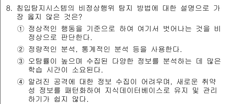 9급_지방직_공무원_서울시_정보보호론 2018년 8번 - 4번 선택지는 비정상 행동 탐지 방법에 대한 설명으로 적절하지 않습니다.... 에 관한 핵심 기출문제