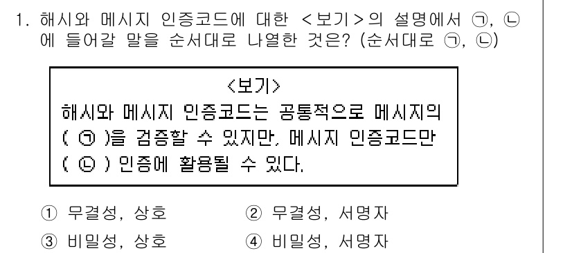 9급_지방직_공무원_서울시_정보보호론 2019년 1번 - 해시와 메시지 인증코드는 데이터의 무결성을 확인하지만, 해시는 복호화가 ... 에 관한 핵심 기출문제