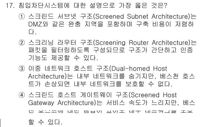 9급_지방직_공무원_서울시_정보보호론 2019년 17번 - 두 번째 구조인 스크리닝 라우터 구조는 필터링 기능이 없으며, 주로 패킷... 에 관한 핵심 기출문제