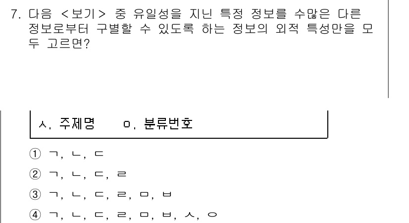9급_지방직_공무원_서울시_정보봉사개론 2016년 7번 - 주제의 유일성이란 특정 정보가 다른 정보와 구별될 수 있도록 해주는 특징... 에 관한 핵심 기출문제