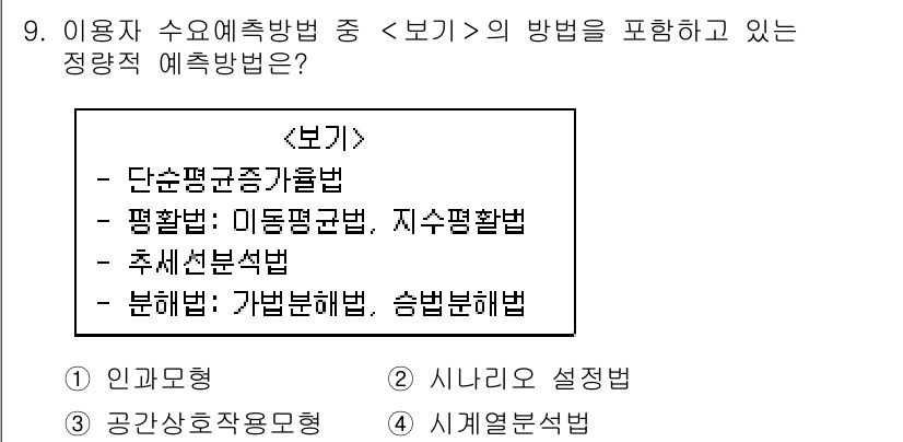 9급_지방직_공무원_서울시_조경계획및생태관리 2019년 9번 - 정량적 예측 방법은 특정한 수치나 기준을 통해 분석하고 평가하는 방법으로... 에 관한 핵심 기출문제