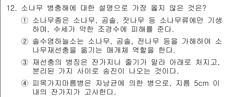 9급_지방직_공무원_서울시_조경학 2017년 12번 - 소나무 병해에 대한 설명 중에서 '재선상의 병적 증상은 잎자루가 줄기 아... 에 관한 핵심 기출문제