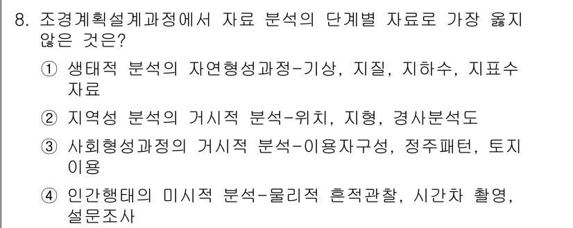 9급_지방직_공무원_서울시_조경학 2019년 8번 - 문제에서 가장 잘못된 자료 분석 단계는 **인간행태의 미시적 분석**입니... 에 관한 핵심 기출문제