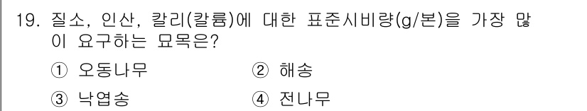 9급_지방직_공무원_서울시_조림 2017년 19번 - . 오동나무  
오동나무는 질소, 인산, 칼륨의 요구량이 다른 식물에 비... 에 관한 핵심 기출문제