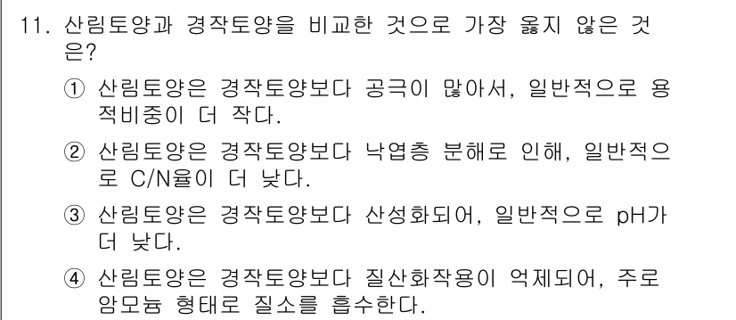 9급_지방직_공무원_서울시_조림 2018년 11번 - 산림토양은 경작토양에 비해 일반적으로 유기물 함량이 더 낮아지며, 이는 ... 에 관한 핵심 기출문제