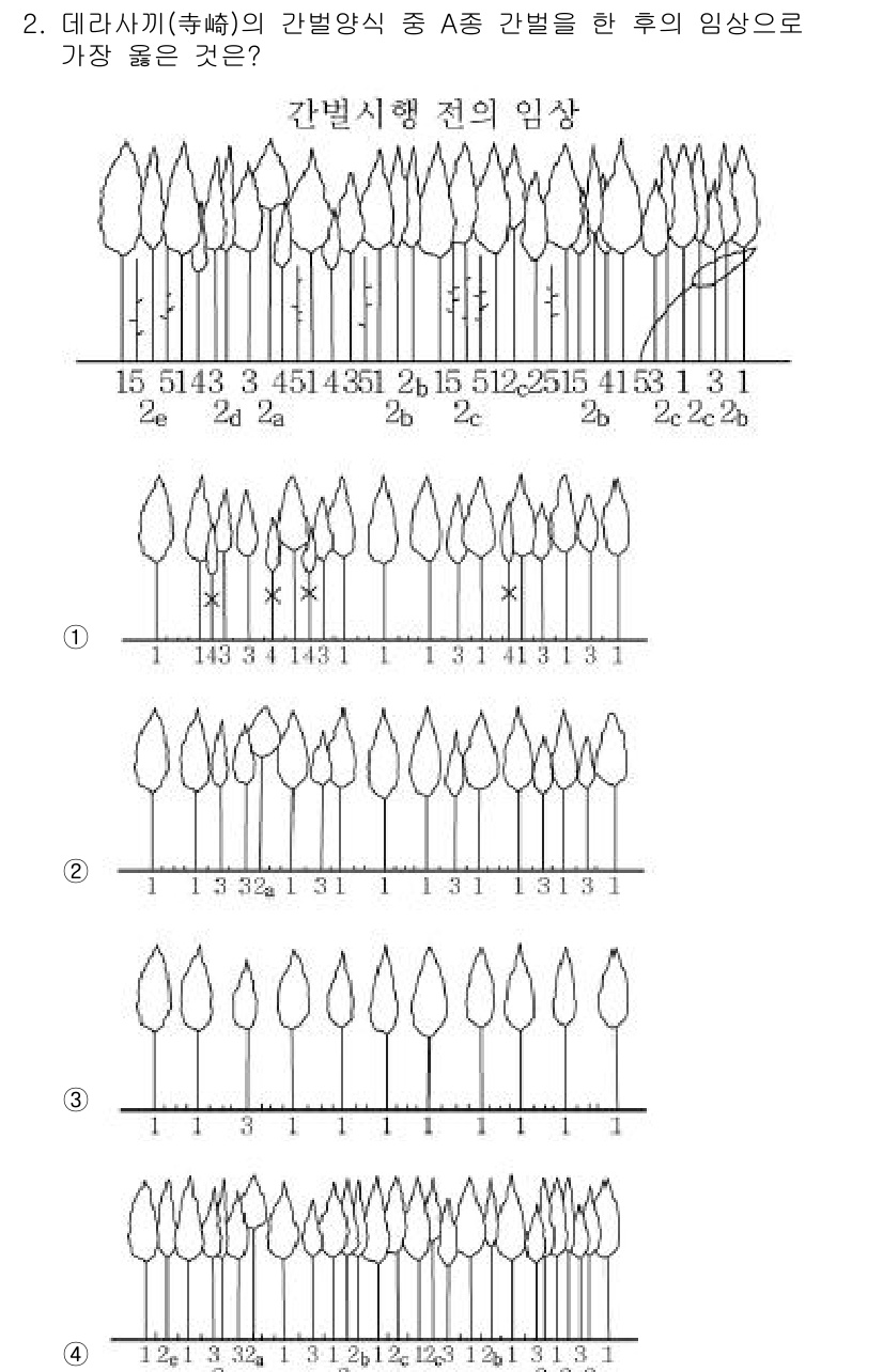 9급_지방직_공무원_서울시_조림 2019년 2번 - 이 문제는 간벌의 순서와 방법을 고려해야 하며, A종 간벌을 한 후의 임... 에 관한 핵심 기출문제