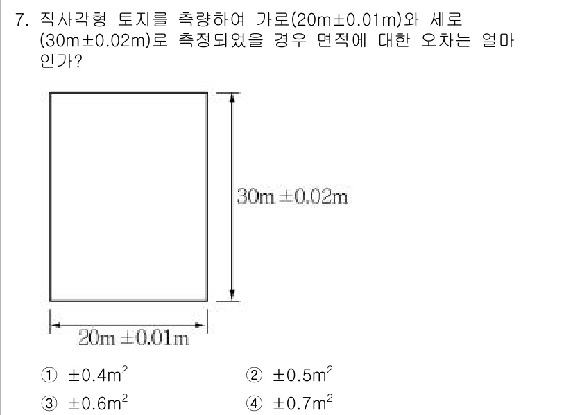 9급_지방직_공무원_서울시_지적측량 2015년 7번 - 직사각형의 면적은 길이와 너비의 곱으로 구합니다. 주어진 길이와 너비의 ... 에 관한 핵심 기출문제