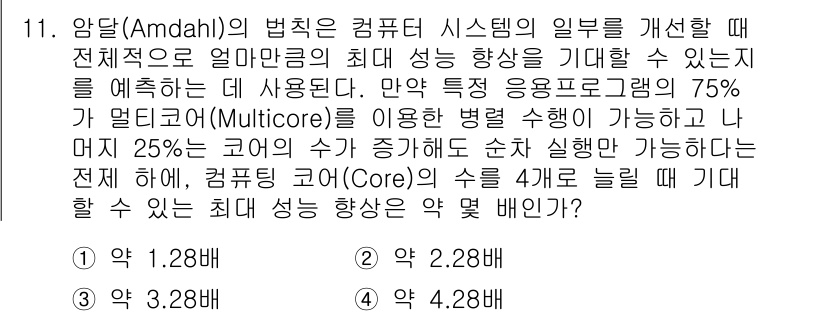 9급_지방직_공무원_서울시_컴퓨터일반 2016년 11번 - 암달의 법칙에 따르면, 전체 작업 중 병렬 처리 가능한 부분과 직렬 처리... 에 관한 핵심 기출문제