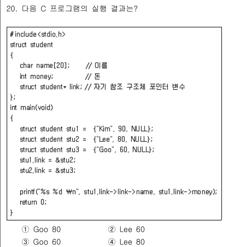 9급_지방직_공무원_서울시_컴퓨터일반 2016년 20번 - 주어진 프로그램에서 `struct student` 구조체는 이름과 돈을 ... 에 관한 핵심 기출문제