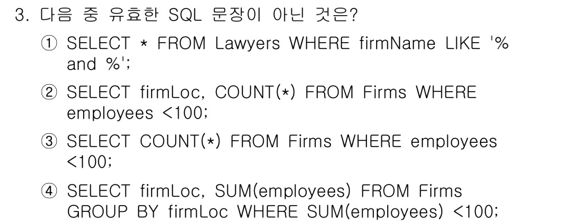 9급_지방직_공무원_서울시_컴퓨터일반 2016년 3번 - 4번 쿼리는 `GROUP BY`와 `SUM`을 사용했지만, `HAVING... 에 관한 핵심 기출문제