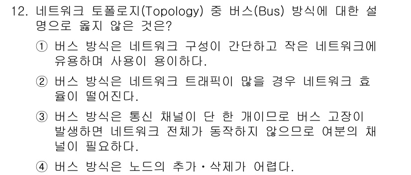 9급_지방직_공무원_서울시_컴퓨터일반 2017년 12번 - 정답 4번, "버스 방식은 노드의 추가·삭제가 어렵다"가 올바른 이유입니... 에 관한 핵심 기출문제