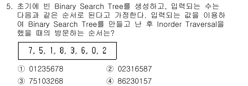 9급_지방직_공무원_서울시_컴퓨터일반 2017년 5번 - 주어진 수를 이진 탐색 트리(Binary Search Tree)로 구성할... 에 관한 핵심 기출문제