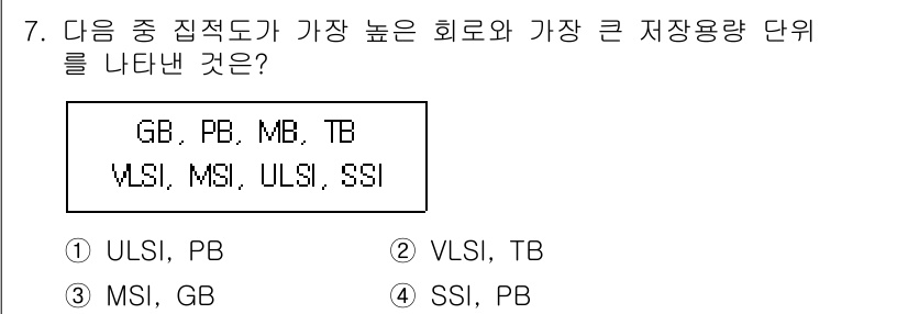 9급_지방직_공무원_서울시_컴퓨터일반 2017년 7번 - 정답은 1번 ULSI, PB입니다. 

ULSI는 Ultra Large ... 에 관한 핵심 기출문제