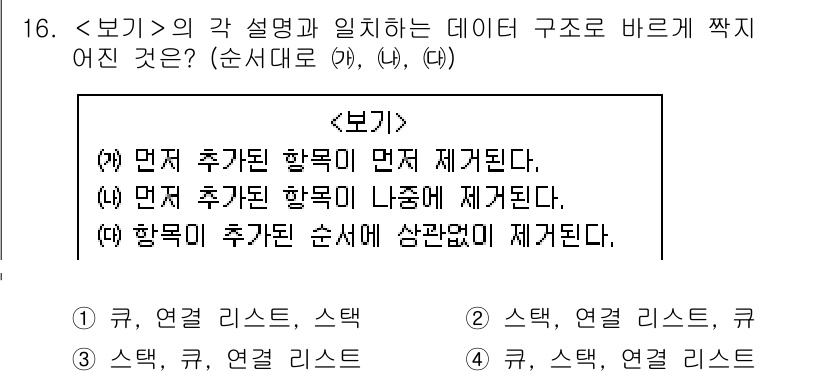 9급_지방직_공무원_서울시_컴퓨터일반 2019년 16번 - 추가된 항목이 먼저 제거되는 구조는 큐(Queue)에서 발생하며, 이는 ... 에 관한 핵심 기출문제